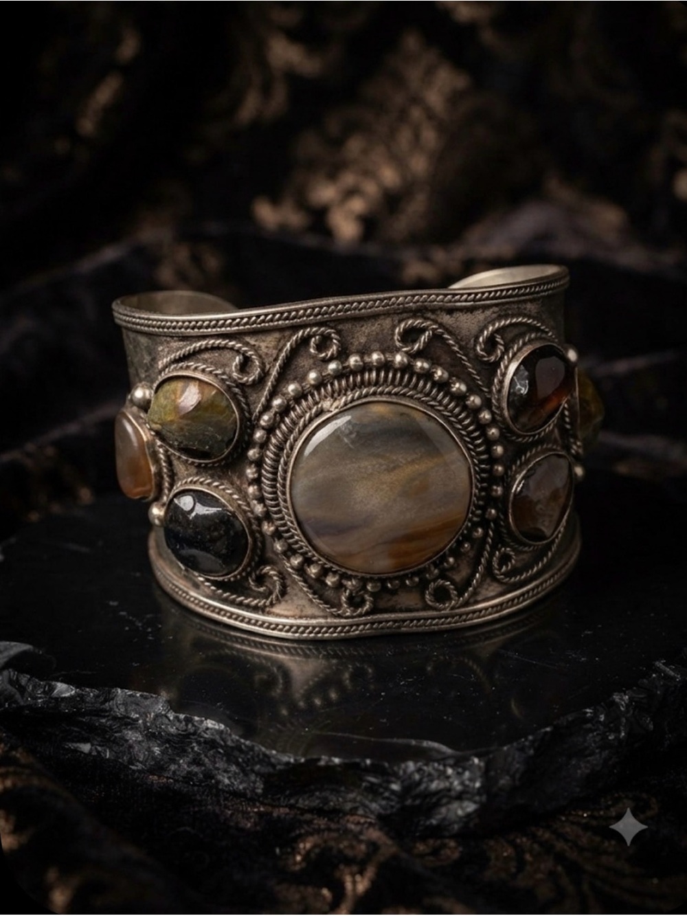 Wide Silver Cuff Bracelet with Polished Stone Cabochons - Picture 9 of 9